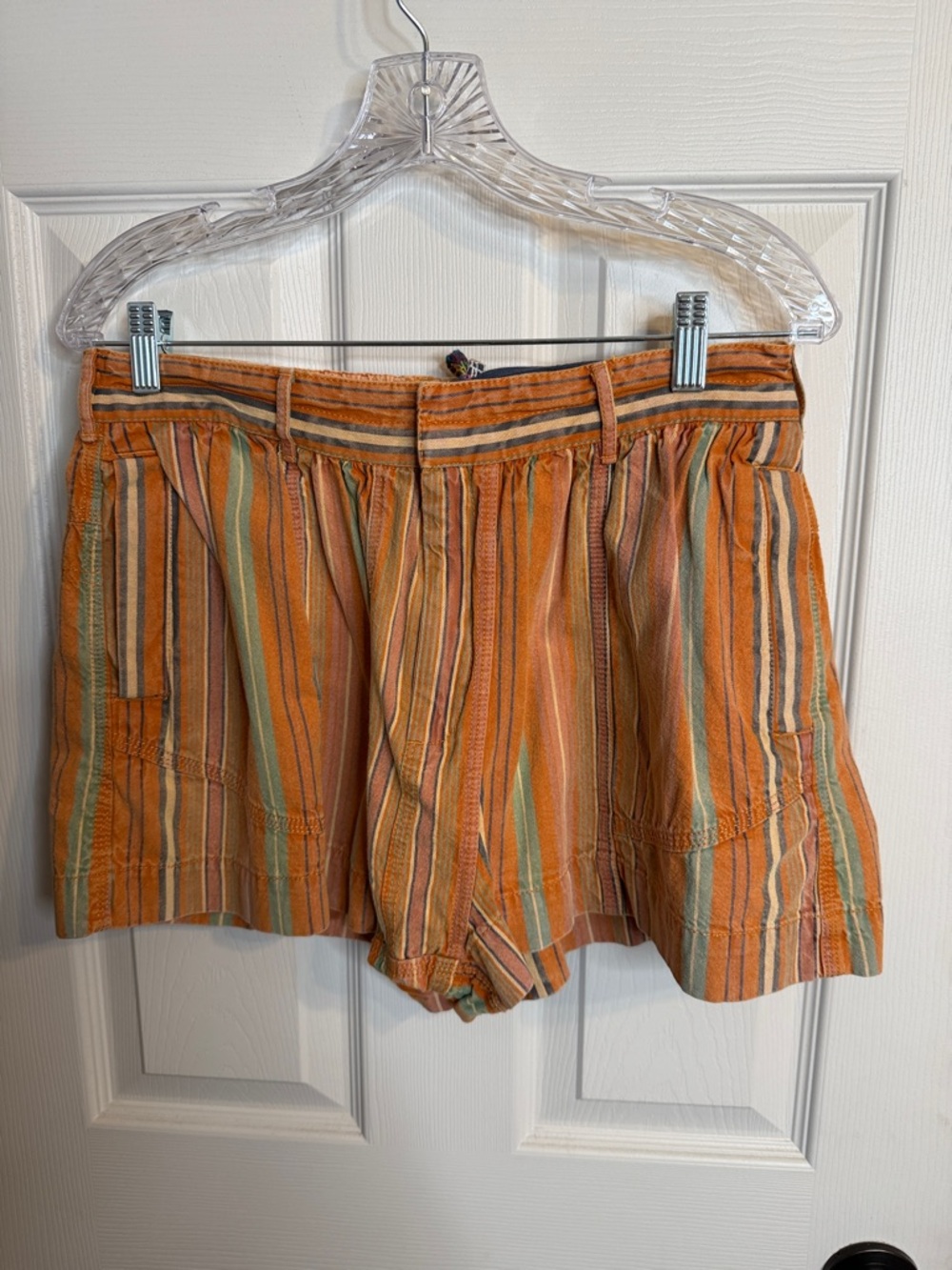 Free People Striped Orange Multi-Color Linen-Blend Shorts